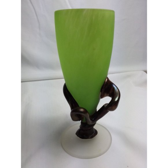 Silver Jeans Art Vintage Green Frosted Glass Vase W Silver Metal